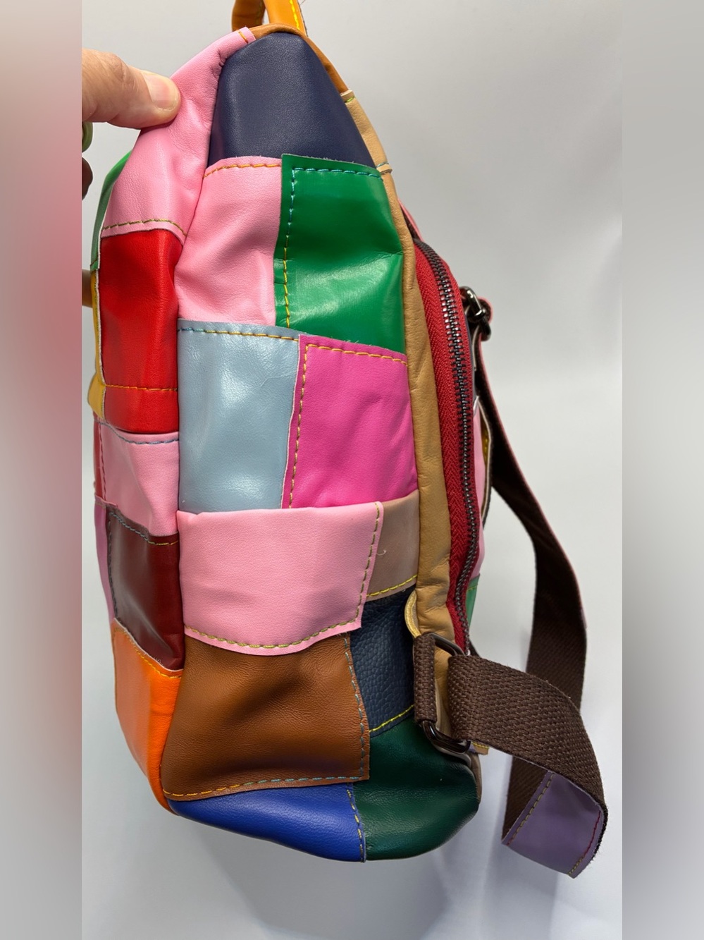 Colorblock Patchwork Leather Backpack - Multicolor - Picture 3 of 4